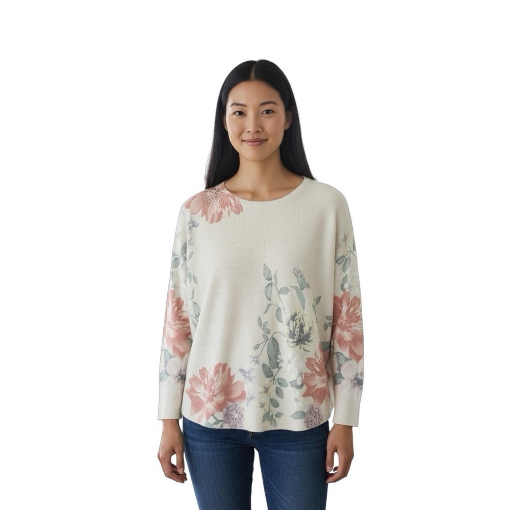 Sioni Floral Rhinestone‎ Embellished Sweater Top Dolman Sleeve Pink Size L